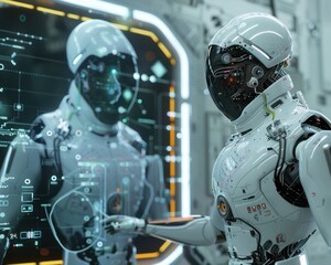 Fototapeta premium Cybernetic Cosmos: Semi-Cyborg with Holographic Schematics in Spacecraft Renovation