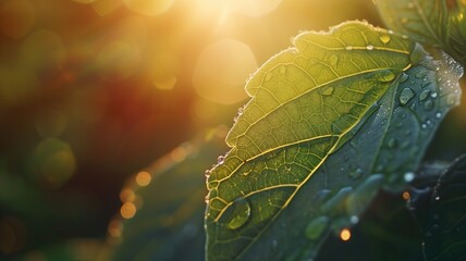 Sunlight filtering through a leaf with dewdrops