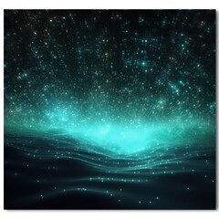 Digital cyan particles wave and light abstract background with shining dots