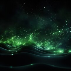 Digital green particles wave and light abstract background with shining dots