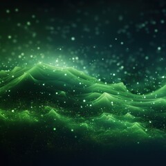 Digital green particles wave and light abstract background with shining dots