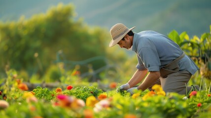 Man gardening in a field of colorful flowers