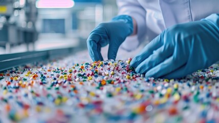 Hand sorting colorful plastic pellets in a factory