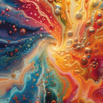 An abstract painting featuring numerous bubbles throughout the colorful composition.