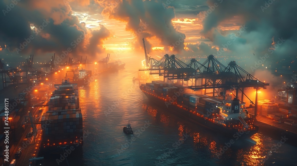 Poster Generative AI : ship surrounded by towering cranes and stacks of shipping containers
