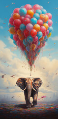 Elefant fliegt durch viele Ballons - obrazy, fototapety, plakaty
