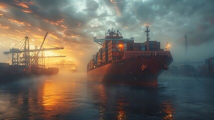 Generative AI : massive container ship is docked at an industrial port, surrounded by towering cranes and stacks of shipping containers