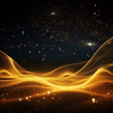 Digital yellow particles wave and light abstract background with shining dots