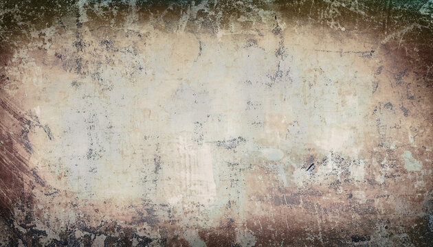 Long wide panoramic background texture in horizontal position. Background with grunge and messy stains and paint blotches, distressed faded wallpaper design with grungy antique texture.