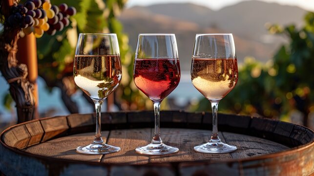 Generative AI : Three glasses with white, rose and red wine on a wooden barrel in the vineyard. Wide photo