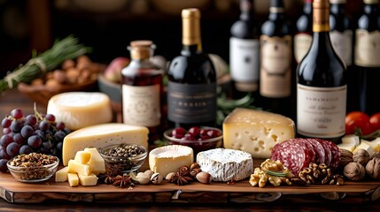 Generative AI : Assortment of cheeses, a bottle of wine, honey, nuts and spices, on a wooden table. 
