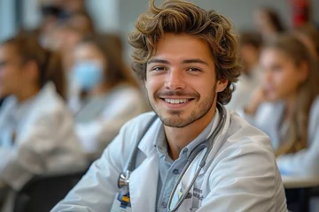 Papier Peint photo autocollant Stockholm Generative AI : Portrait of happy male doctor standing against wall at hospital