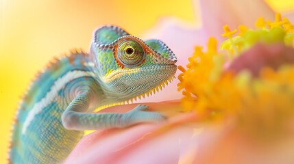 Generative AI : Chameleon on the flower. Beautiful extreme close-up.