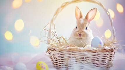 Generative AI : Little Bunny In Basket With Decorated Eggs - Easter Card
