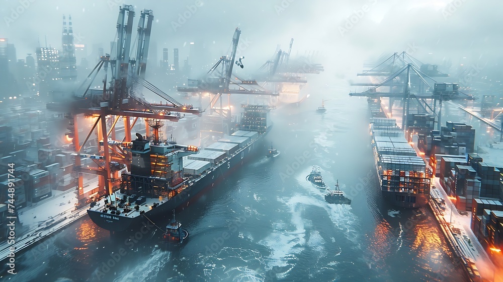 Poster Generative AI : ship surrounded by towering cranes and stacks of shipping containers