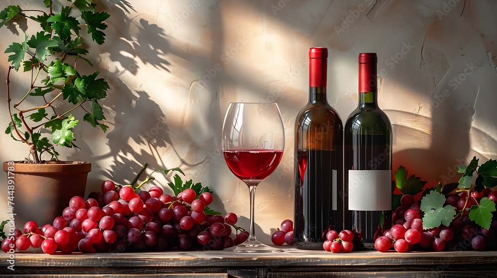 Poster generative ai : ripe grapes, wine glasses and bottles of wine isolated on white