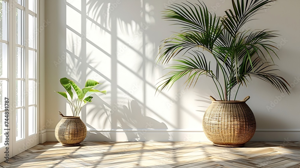 Poster generative ai : frame or poster mock up in living room and plants in vase with window shadow