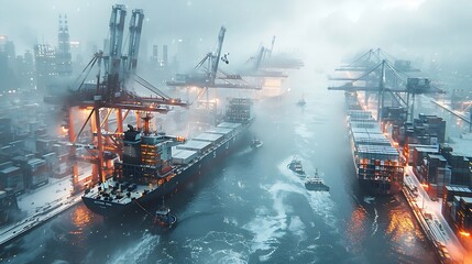 Generative AI : ship surrounded by towering cranes and stacks of shipping containers