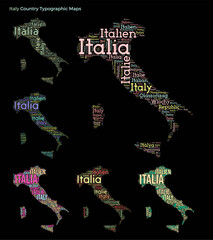 Italy. Set of typography style country illustrations. Italy map shape build of horizontal and vertical country names. Vector illustration.