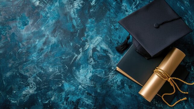 Student cap, graduation cap, diploma, banner: a triumphant celebration marking the end of the school year, embracing academic achievement and success with the issuance of diploma certificates.