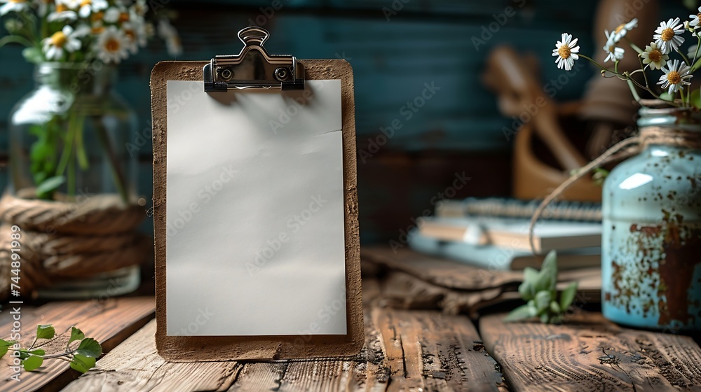 Aufkleber Generative AI : Photo of clipboard with a blank sheet of paper on light wooden background with plenty of copy space.