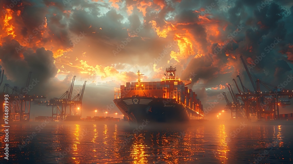 Poster Generative AI : massive container ship is docked at an industrial port, surrounded by towering cranes and stacks of shipping containers