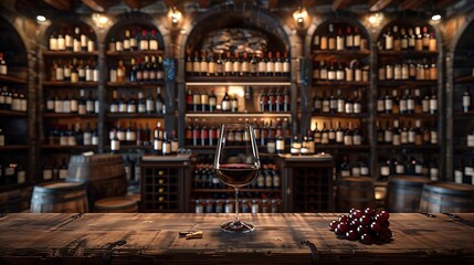 Generative AI : Wine tasting experience in the rustic cellar and wine bar: red wine glass  - obrazy, fototapety, plakaty