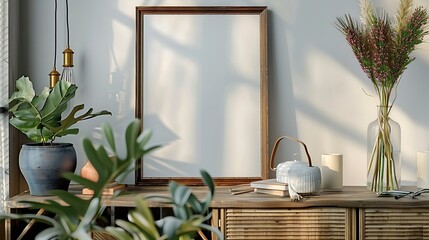 Generative AI : Wooden frame mockup on white wall. Poster mockup. Clean, modern, minimal frame. 