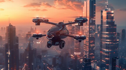 Futuristic flying car with drones over a city skyline at dusk - obrazy, fototapety, plakaty
