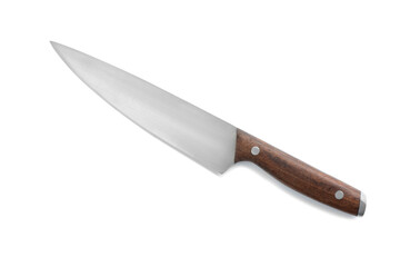 One sharp knife with wooden handle isolated on white, top view