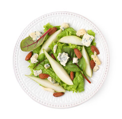 Delicious pear salad isolated on white, top view