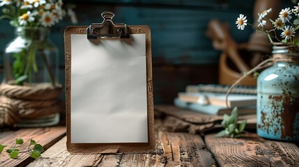 Naklejka na ściany i meble Generative AI : Photo of clipboard with a blank sheet of paper on light wooden background with plenty of copy space.