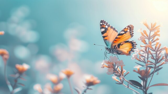 Butterfly on flowers with a soft blue background