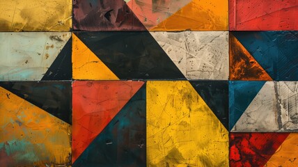 A geometric mural with vibrant, weathered triangles
