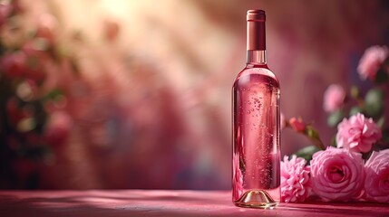 Generative AI : Rose wine bottle on background. Product packaging brand design