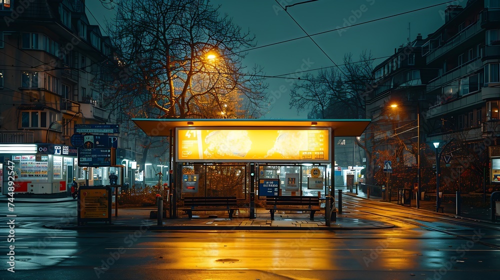 Aufkleber Generative AI : Blank white mockup of bus stop vertical billboard in front of empty street background