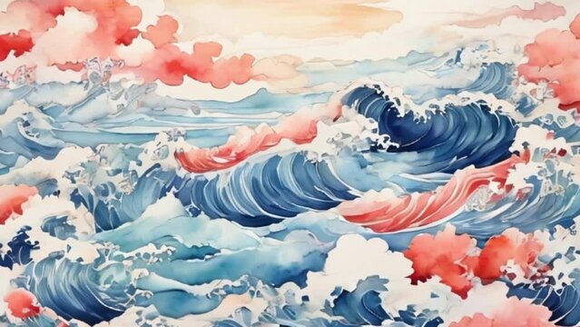 Sea wave watercolor Japanese pattern background, motion