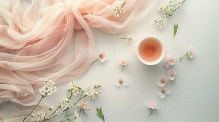Elegant Pastel Fabric and Flower Arrangement with Tea Cup on Light Background