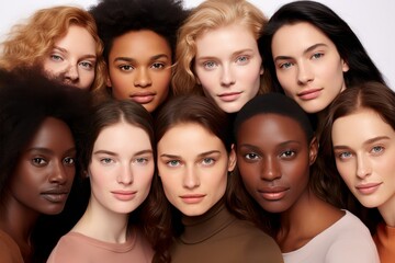 Obraz premium Diverse group of young women with various skin tones and hair types, united in beauty and strength, promoting inclusive beauty standards and multicultural friendship.
