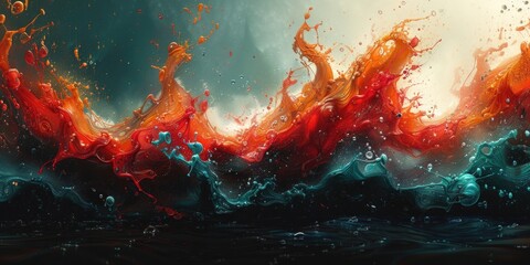 A hyper-realistic illustration of a red and blue wave crashing on a shore.