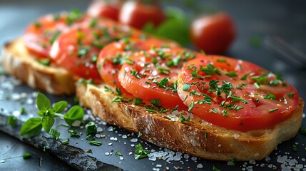 Generative AI : A sliced bread, tomatoes, salt and herbs on a gray wooden board. Color food photography. - obrazy, fototapety, plakaty