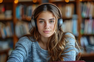 Generative AI : Latin young woman school college student wear headphones