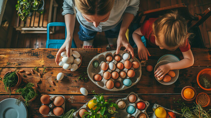mother and daughter child family prepare easter eggs at home - obrazy, fototapety, plakaty