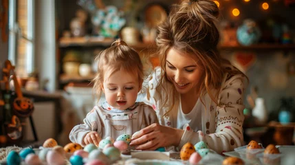 Foto op Plexiglas mother and daughter child family prepare easter eggs at home © Miljan Živković
