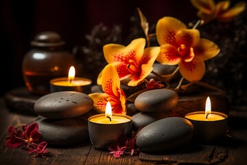 Tranquil Spa Still Life with Orchid, Candle, and Stones on Elegant Brown Wooden Background for Wellness and Relaxation. Serenity and Harmony Concept. Luxurious Brown Background.