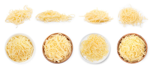 Tasty grated cheese isolated on white, set