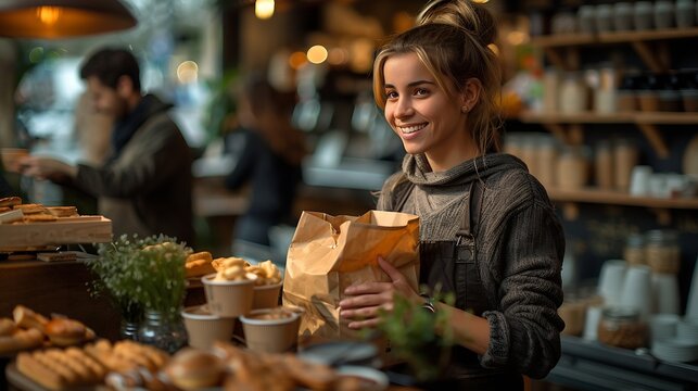 Generative AI : Barista in apron and face mask standing behind counter bar ready to give Coffee Service