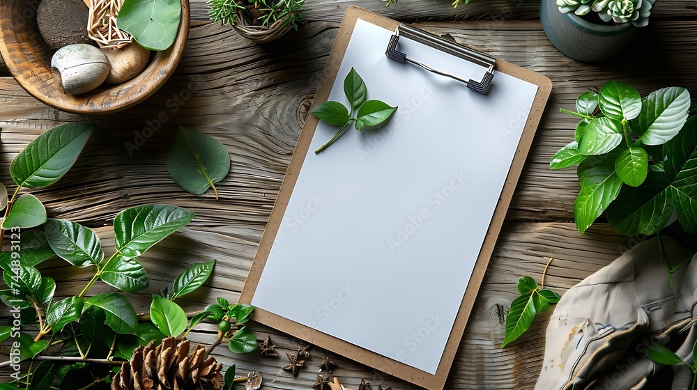 Aufkleber Generative AI : Photo of clipboard with a blank sheet of paper on light wooden background with plenty of copy space.