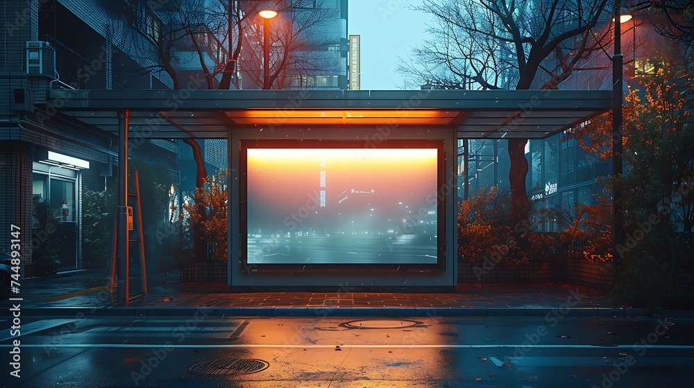Poster Generative AI : Blank white mockup of bus stop vertical billboard in front of empty street background