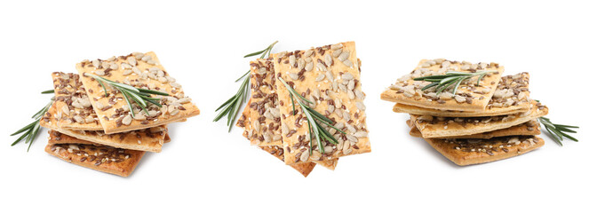 Stacks of delicious crackers and rosemary isolated on white, set